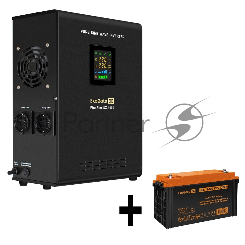 Комплект ИБП EX295997RUS + батарея 120Aч EX285657RUS 1шт (инвертор, синус, для котла, настенный) ExeGate FineSine SX-1000.LCD.AVR.2SH <1000VA/600W, чистая синусоида, цветной LCD-дисплей, AVR, 2*Schuko, линейно-интерактивный, крепление настенное/униве
