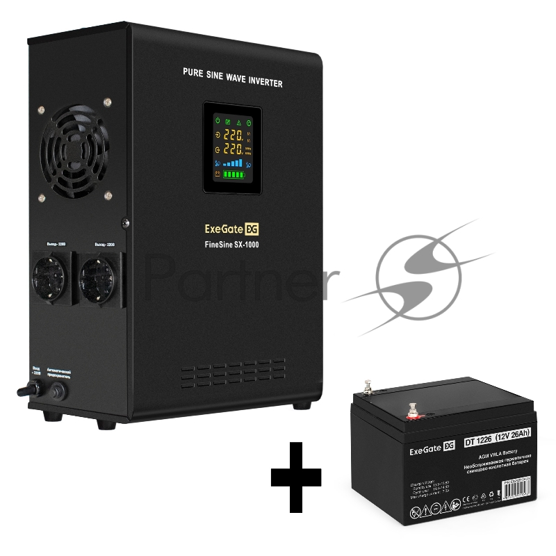 Комплект ИБП EX295997RUS + батарея 26Aч EX282970RUS 1шт (инвертор, синус, для котла, настенный) ExeGate FineSine SX-1000.LCD.AVR.2SH <1000VA/600W, чистая синусоида, цветной LCD-дисплей, AVR, 2*Schuko, линейно-интерактивный, крепление настенное/универ