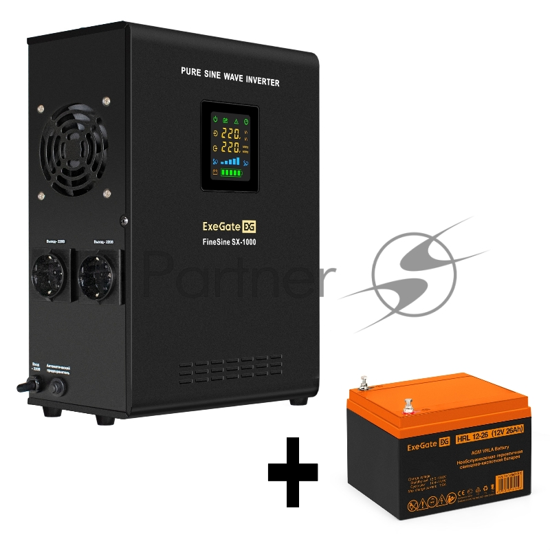 Комплект ИБП EX295997RUS + батарея 26Aч EX285663RUS 1шт (инвертор, синус, для котла, настенный) ExeGate FineSine SX-1000.LCD.AVR.2SH <1000VA/600W, чистая синусоида, цветной LCD-дисплей, AVR, 2*Schuko, линейно-интерактивный, крепление настенное/универ