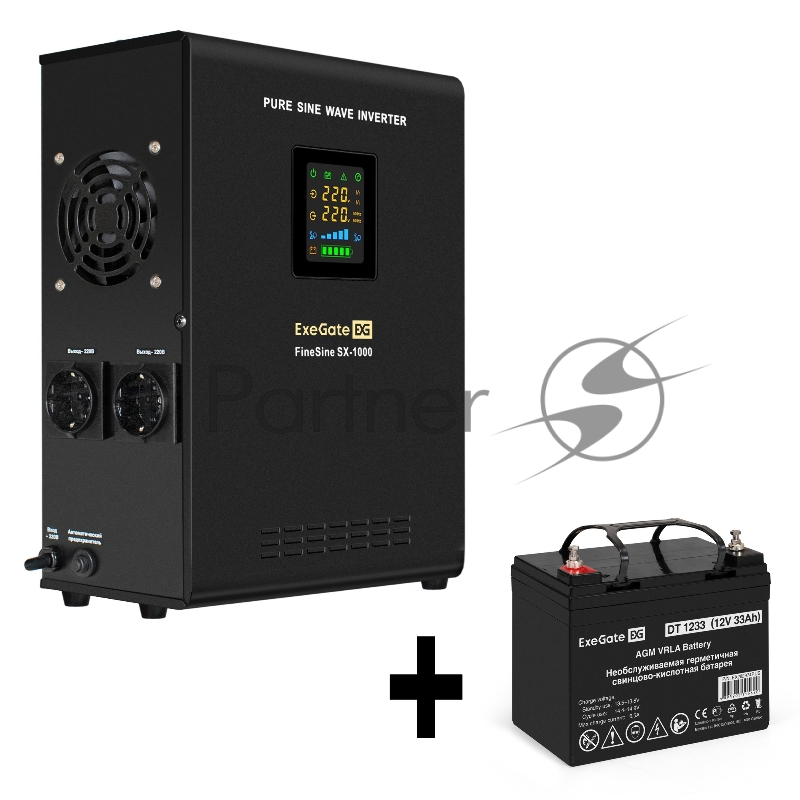 Комплект ИБП EX295997RUS + батарея 33Aч EX282974RUS 1шт (инвертор, синус, для котла, настенный) ExeGate FineSine SX-1000.LCD.AVR.2SH <1000VA/600W, чистая синусоида, цветной LCD-дисплей, AVR, 2*Schuko, линейно-интерактивный, крепление настенное/универ