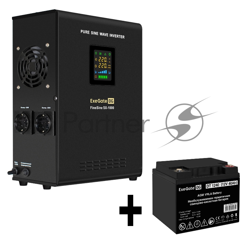 Комплект ИБП EX295997RUS + батарея 40Aч EX282976RUS 1шт (инвертор, синус, для котла, настенный) ExeGate FineSine SX-1000.LCD.AVR.2SH <1000VA/600W, чистая синусоида, цветной LCD-дисплей, AVR, 2*Schuko, линейно-интерактивный, крепление настенное/универ