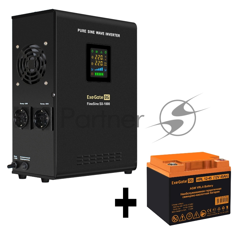 Комплект ИБП EX295997RUS + батарея 45Aч EX285666RUS 1шт (инвертор, синус, для котла, настенный) ExeGate FineSine SX-1000.LCD.AVR.2SH <1000VA/600W, чистая синусоида, цветной LCD-дисплей, AVR, 2*Schuko, линейно-интерактивный, крепление настенное/универ