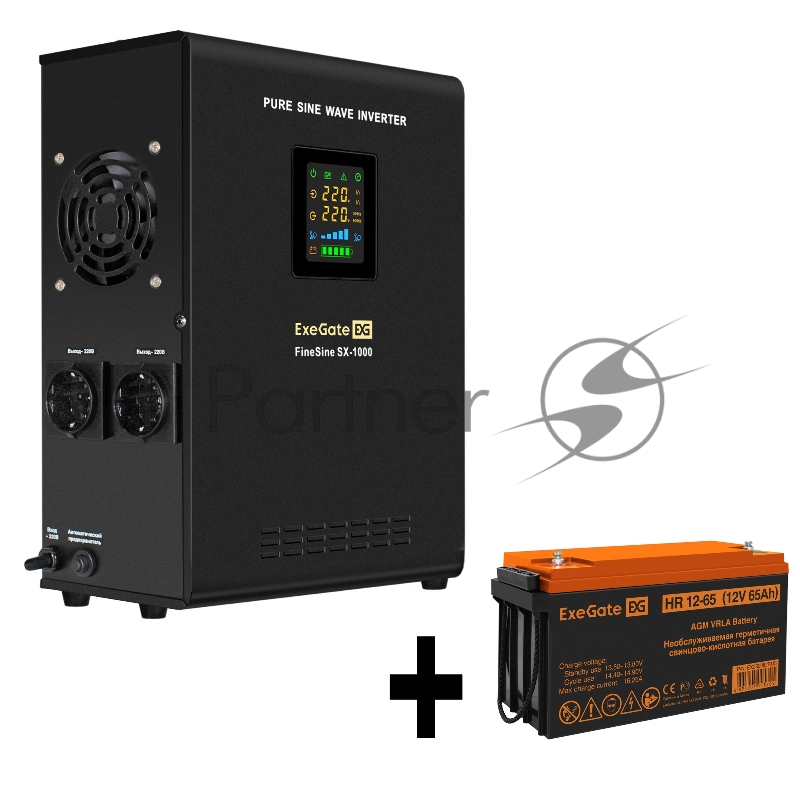 Комплект ИБП EX295997RUS + батарея 65Aч EX282982RUS 1шт (инвертор, синус, для котла, настенный) ExeGate FineSine SX-1000.LCD.AVR.2SH <1000VA/600W, чистая синусоида, цветной LCD-дисплей, AVR, 2*Schuko, линейно-интерактивный, крепление настенное/универ