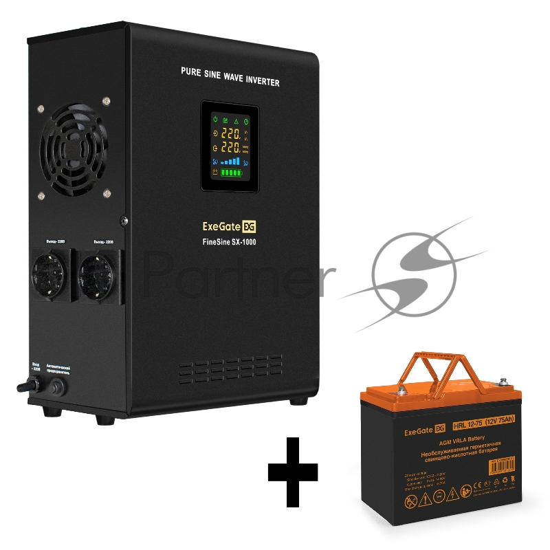 Комплект ИБП EX295997RUS + батарея 75Aч EX285653RUS 1шт (инвертор, синус, для котла, настенный) ExeGate FineSine SX-1000.LCD.AVR.2SH <1000VA/600W, чистая синусоида, цветной LCD-дисплей, AVR, 2*Schuko, линейно-интерактивный, крепление настенное/универ
