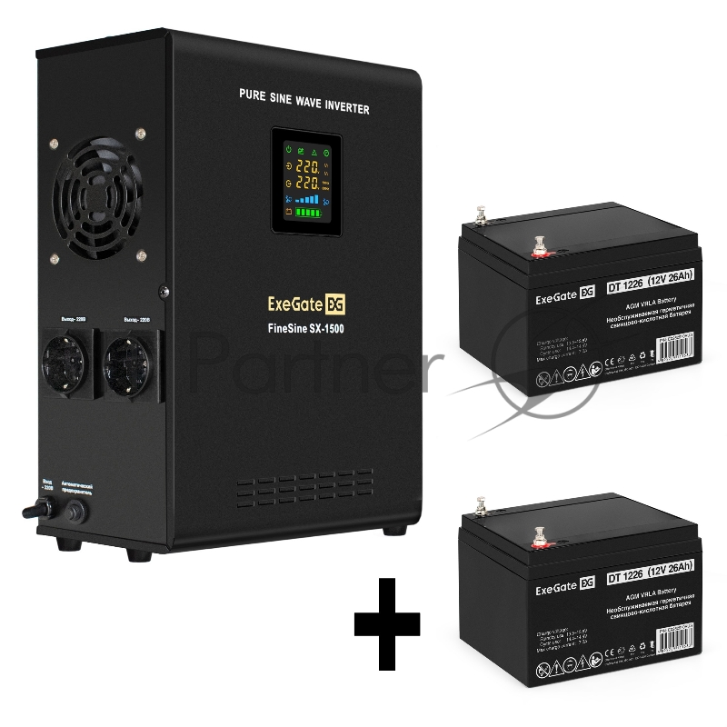 Комплект ИБП EX295998RUS + батарея 26Aч EX282970RUS 2шт (инвертор, синус, для котла, настенный) ExeGate FineSine SX-1500.LCD.AVR.2SH <1500VA/1050W, чистая синусоида, цветной LCD-дисплей, AVR, 2*Schuko, линейно-интерактивный, крепление настенное/униве