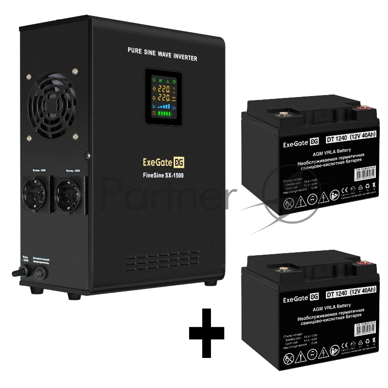 Комплект ИБП EX295998RUS + батарея 40Aч EX282976RUS 2шт (инвертор, синус, для котла, настенный) ExeGate FineSine SX-1500.LCD.AVR.2SH <1500VA/1050W, чистая синусоида, цветной LCD-дисплей, AVR, 2*Schuko, линейно-интерактивный, крепление настенное/униве
