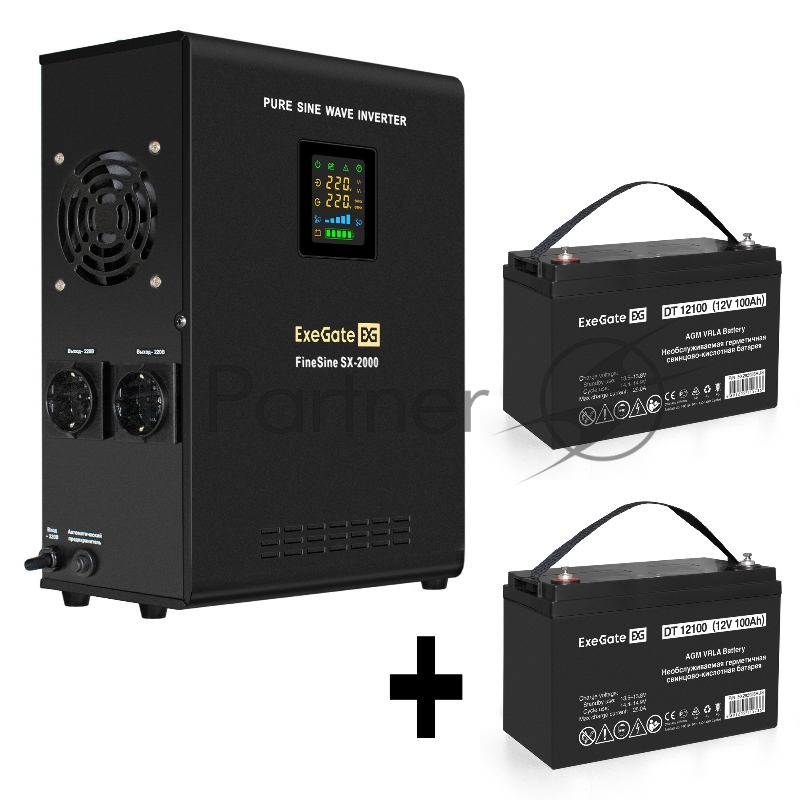 Комплект ИБП EX296001RUS + батарея 100Aч EX282985RUS 2шт (инвертор, синус, для котла, настенный) ExeGate FineSine SX-2000.LCD.AVR.2SH <2000VA/1400W, чистая синусоида, цветной LCD-дисплей, AVR, 2*Schuko, линейно-интерактивный, крепление настенное/унив