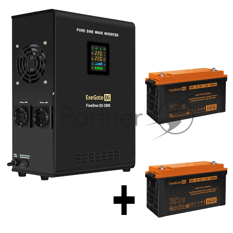 Комплект ИБП EX296001RUS + батарея 120Aч EX285657RUS 2шт (инвертор, синус, для котла, настенный) ExeGate FineSine SX-2000.LCD.AVR.2SH <2000VA/1400W, чистая синусоида, цветной LCD-дисплей, AVR, 2*Schuko, линейно-интерактивный, крепление настенное/унив