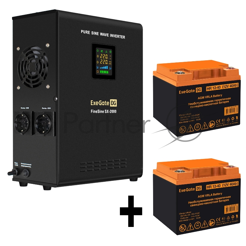 Комплект ИБП EX296001RUS + батарея 40Aч EX282979RUS 2шт (инвертор, синус, для котла, настенный) ExeGate FineSine SX-2000.LCD.AVR.2SH <2000VA/1400W, чистая синусоида, цветной LCD-дисплей, AVR, 2*Schuko, линейно-интерактивный, крепление настенное/униве