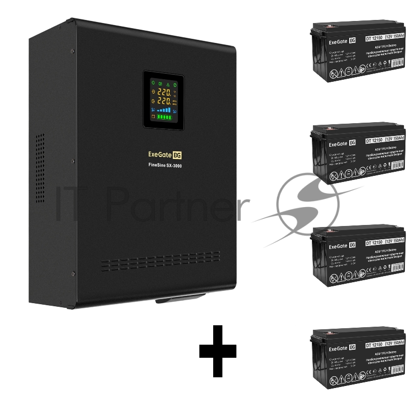 Комплект ИБП EX296003RUS + батарея 150Aч EX282990RUS 4шт (инвертор, синус, для котла, настенный) ExeGate FineSine SX-3000.LCD.AVR.2SH.T <3000VA/2100W, чистая синусоида, цветной LCD-дисплей, AVR, 2*Schuko+клеммы, линейно-интерактивный, крепление насте