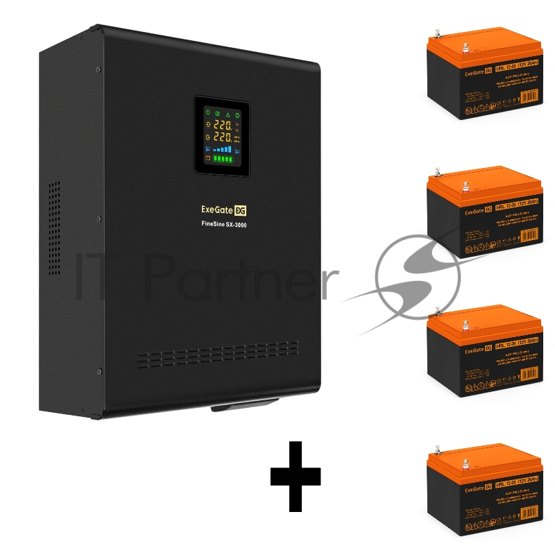 Комплект ИБП EX296003RUS + батарея 26Aч EX285663RUS 4шт (инвертор, синус, для котла, настенный) ExeGate FineSine SX-3000.LCD.AVR.2SH.T <3000VA/2100W, чистая синусоида, цветной LCD-дисплей, AVR, 2*Schuko+клеммы, линейно-интерактивный, крепление настен