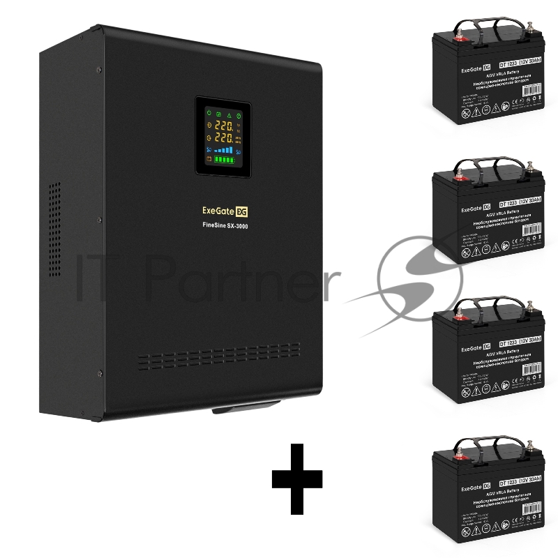 Комплект ИБП EX296003RUS + батарея 33Aч EX282974RUS 4шт (инвертор, синус, для котла, настенный) ExeGate FineSine SX-3000.LCD.AVR.2SH.T <3000VA/2100W, чистая синусоида, цветной LCD-дисплей, AVR, 2*Schuko+клеммы, линейно-интерактивный, крепление настен