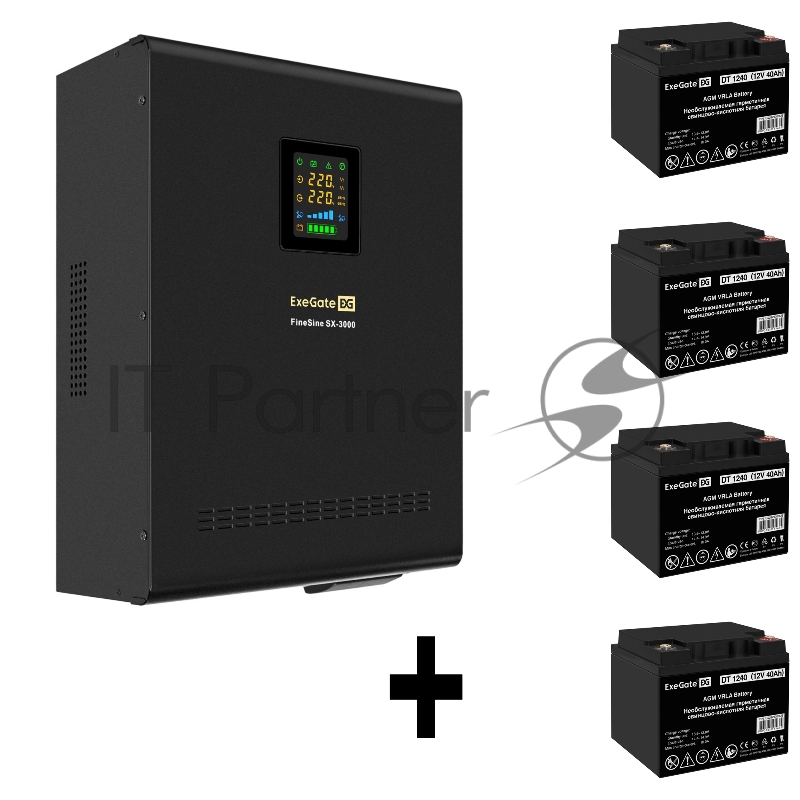 Комплект ИБП EX296003RUS + батарея 40Aч EX282976RUS 4шт (инвертор, синус, для котла, настенный) ExeGate FineSine SX-3000.LCD.AVR.2SH.T <3000VA/2100W, чистая синусоида, цветной LCD-дисплей, AVR, 2*Schuko+клеммы, линейно-интерактивный, крепление настен
