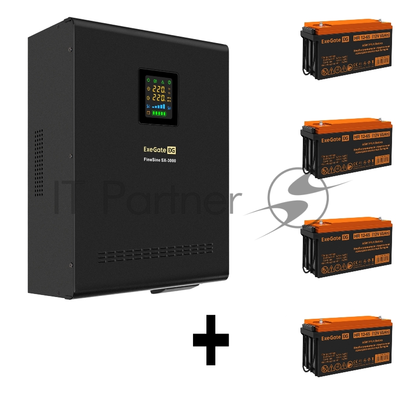 Комплект ИБП EX296003RUS + батарея 65Aч EX282982RUS 4шт (инвертор, синус, для котла, настенный) ExeGate FineSine SX-3000.LCD.AVR.2SH.T <3000VA/2100W, чистая синусоида, цветной LCD-дисплей, AVR, 2*Schuko+клеммы, линейно-интерактивный, крепление настен