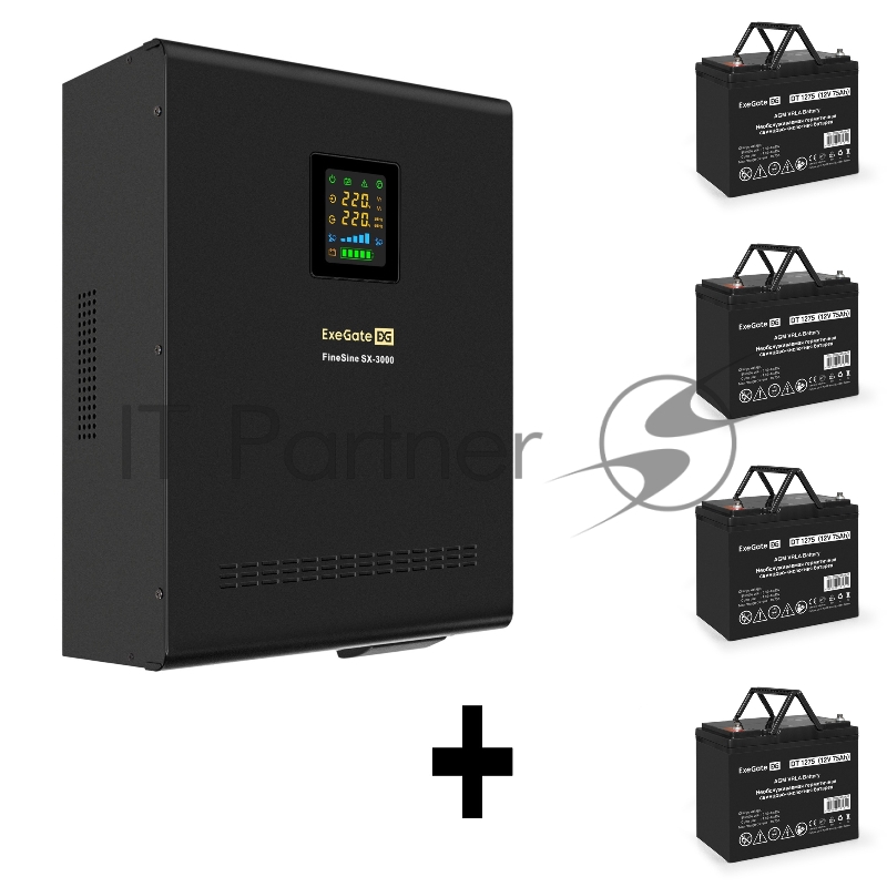 Комплект ИБП EX296003RUS + батарея 75Aч EX282983RUS 4шт (инвертор, синус, для котла, настенный) ExeGate FineSine SX-3000.LCD.AVR.2SH.T <3000VA/2100W, чистая синусоида, цветной LCD-дисплей, AVR, 2*Schuko+клеммы, линейно-интерактивный, крепление настен