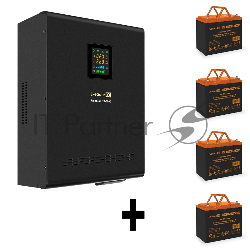 Комплект ИБП EX296003RUS + батарея 75Aч EX285653RUS 4шт (инвертор, синус, для котла, настенный) ExeGate FineSine SX-3000.LCD.AVR.2SH.T <3000VA/2100W, чистая синусоида, цветной LCD-дисплей, AVR, 2*Schuko+клеммы, линейно-интерактивный, крепление настен