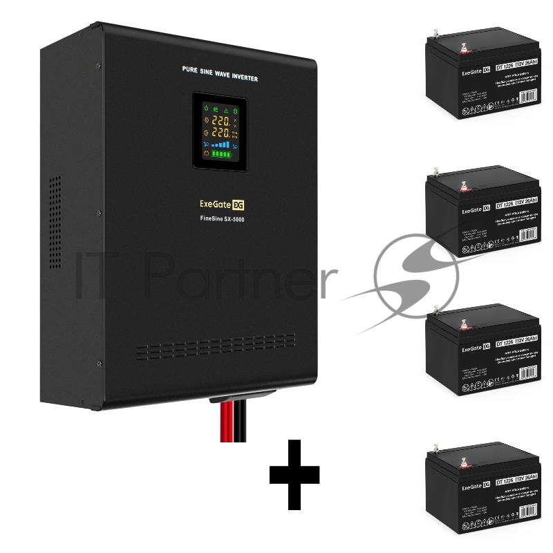Комплект ИБП EX296004RUS + батарея 26Aч EX282970RUS 4шт (инвертор, синус, для котла, настенный) ExeGate FineSine SX-5000.LCD.AVR.2SH.T <5000VA/3500W, чистая синусоида, цветной LCD-дисплей, AVR, 2*Schuko+клеммы, линейно-интерактивный, крепление настен