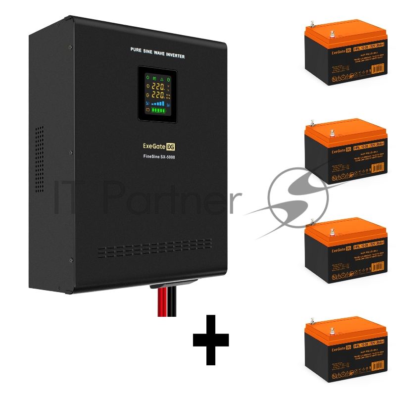 Комплект ИБП EX296004RUS + батарея 26Aч EX285663RUS 4шт (инвертор, синус, для котла, настенный) ExeGate FineSine SX-5000.LCD.AVR.2SH.T <5000VA/3500W, чистая синусоида, цветной LCD-дисплей, AVR, 2*Schuko+клеммы, линейно-интерактивный, крепление настен