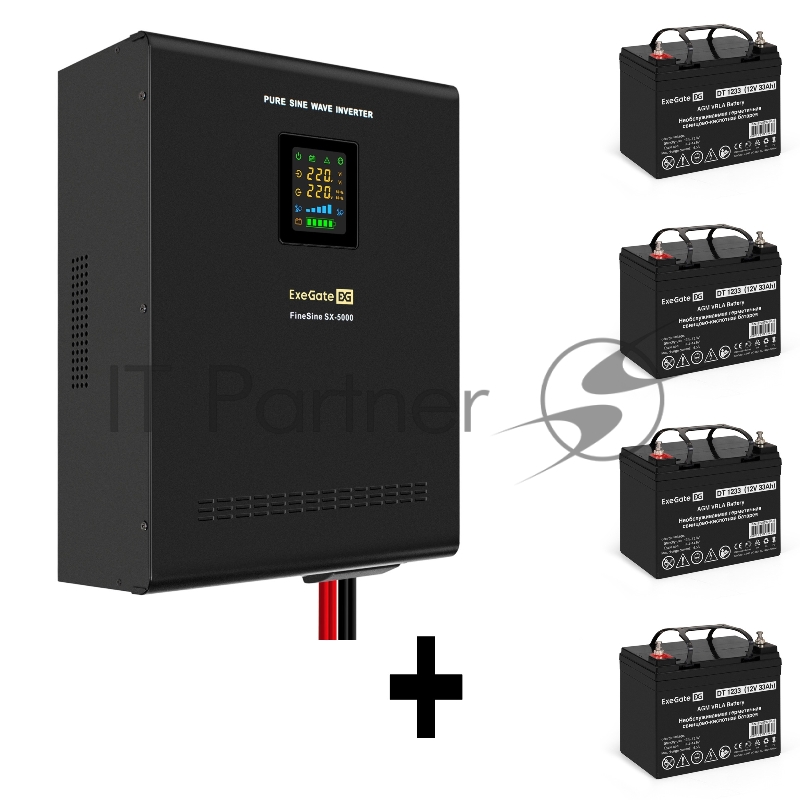 Комплект ИБП EX296004RUS + батарея 33Aч EX282974RUS 4шт (инвертор, синус, для котла, настенный) ExeGate FineSine SX-5000.LCD.AVR.2SH.T <5000VA/3500W, чистая синусоида, цветной LCD-дисплей, AVR, 2*Schuko+клеммы, линейно-интерактивный, крепление настен