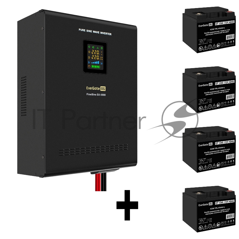 Комплект ИБП EX296004RUS + батарея 40Aч EX282976RUS 4шт (инвертор, синус, для котла, настенный) ExeGate FineSine SX-5000.LCD.AVR.2SH.T <5000VA/3500W, чистая синусоида, цветной LCD-дисплей, AVR, 2*Schuko+клеммы, линейно-интерактивный, крепление настен