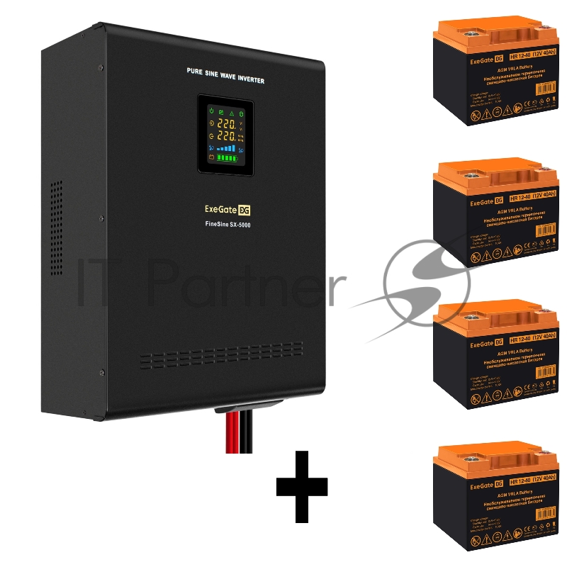 Комплект ИБП EX296004RUS + батарея 40Aч EX282979RUS 4шт (инвертор, синус, для котла, настенный) ExeGate FineSine SX-5000.LCD.AVR.2SH.T <5000VA/3500W, чистая синусоида, цветной LCD-дисплей, AVR, 2*Schuko+клеммы, линейно-интерактивный, крепление настен
