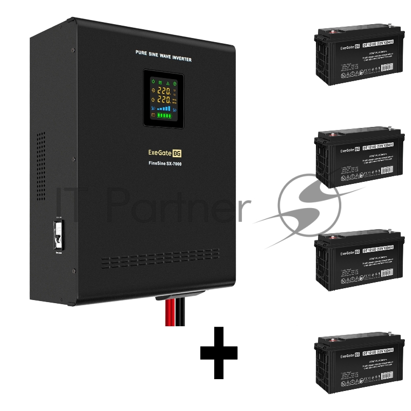 Комплект ИБП EX296005RUS + батарея 120Aч EX282988RUS 4шт (инвертор, синус, для котла, настенный) ExeGate FineSine SX-7000.LCD.AVR.2SH.T <7000VA/5000W, чистая синусоида, цветной LCD-дисплей, AVR, 2*Schuko+клеммы, линейно-интерактивный, крепление насте