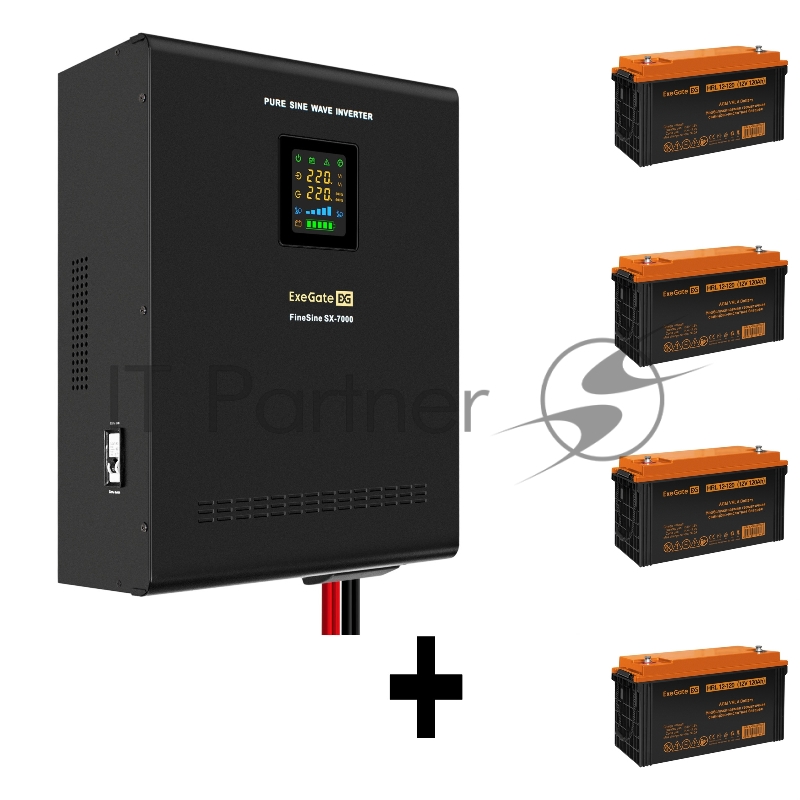 Комплект ИБП EX296005RUS + батарея 120Aч EX285657RUS 4шт (инвертор, синус, для котла, настенный) ExeGate FineSine SX-7000.LCD.AVR.2SH.T <7000VA/5000W, чистая синусоида, цветной LCD-дисплей, AVR, 2*Schuko+клеммы, линейно-интерактивный, крепление насте
