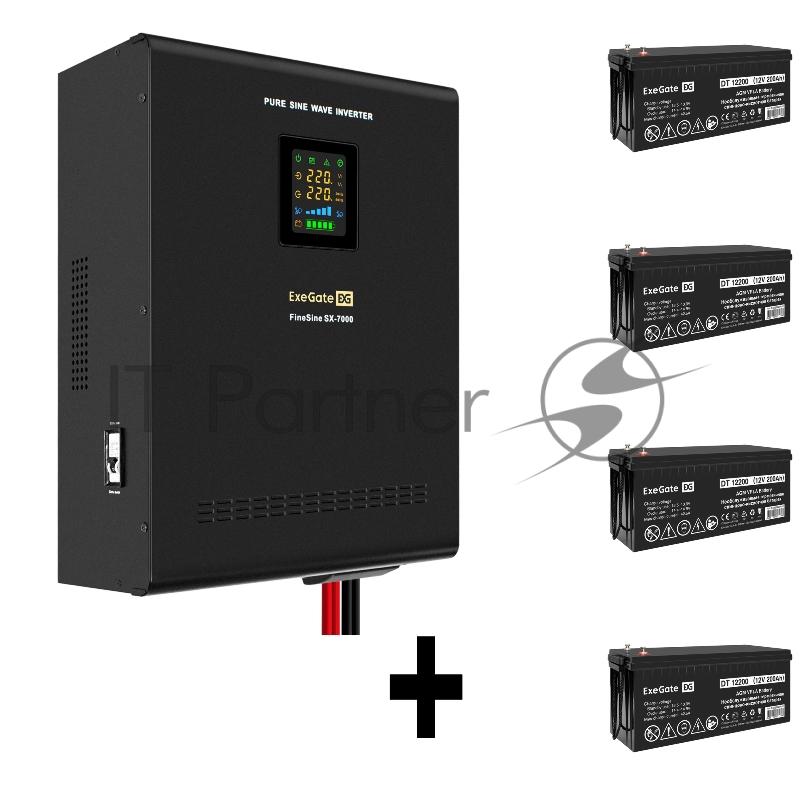 Комплект ИБП EX296005RUS + батарея 200Aч EX282991RUS 4шт (инвертор, синус, для котла, настенный) ExeGate FineSine SX-7000.LCD.AVR.2SH.T <7000VA/5000W, чистая синусоида, цветной LCD-дисплей, AVR, 2*Schuko+клеммы, линейно-интерактивный, крепление насте