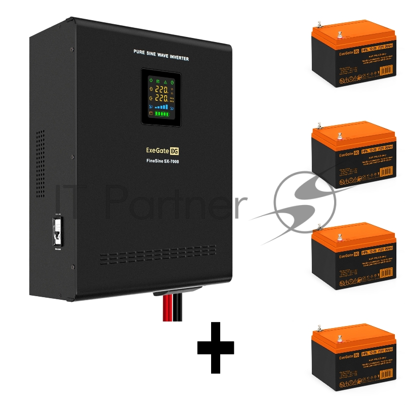 Комплект ИБП EX296005RUS + батарея 26Aч EX285663RUS 4шт (инвертор, синус, для котла, настенный) ExeGate FineSine SX-7000.LCD.AVR.2SH.T <7000VA/5000W, чистая синусоида, цветной LCD-дисплей, AVR, 2*Schuko+клеммы, линейно-интерактивный, крепление настен