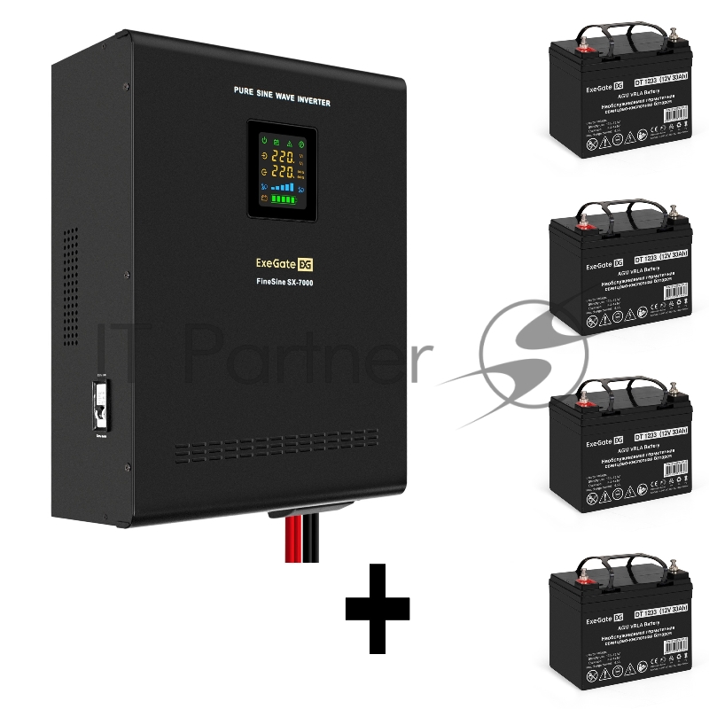 Комплект ИБП EX296005RUS + батарея 33Aч EX282974RUS 4шт (инвертор, синус, для котла, настенный) ExeGate FineSine SX-7000.LCD.AVR.2SH.T <7000VA/5000W, чистая синусоида, цветной LCD-дисплей, AVR, 2*Schuko+клеммы, линейно-интерактивный, крепление настен