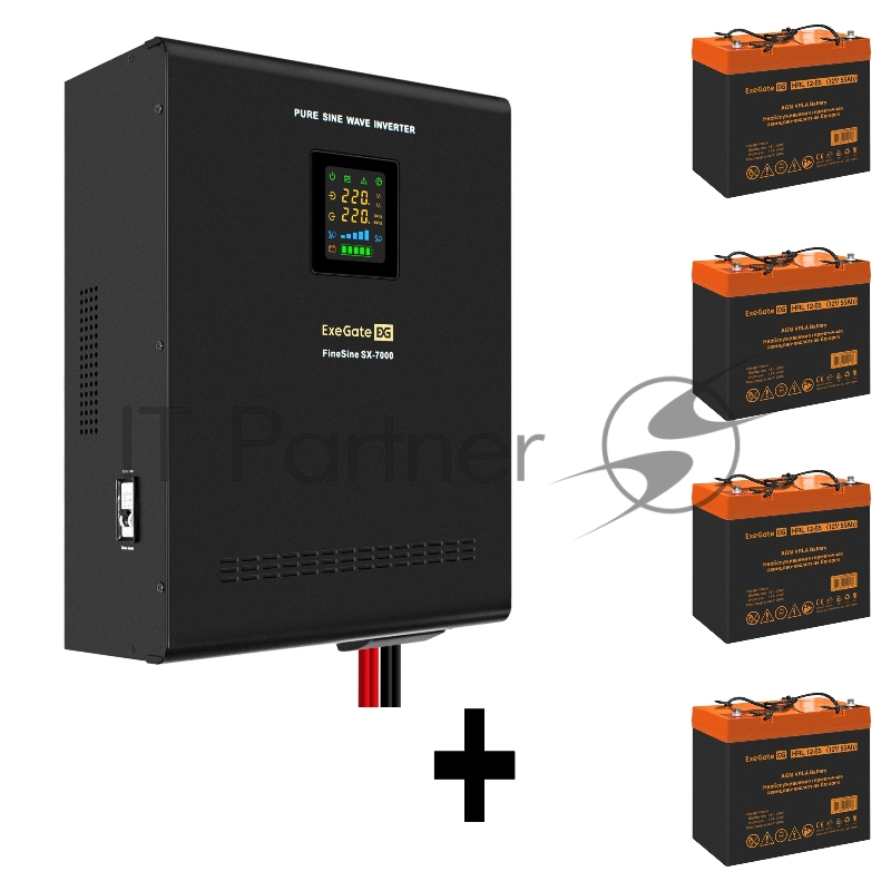 Комплект ИБП EX296005RUS + батарея 55Aч EX285652RUS 4шт (инвертор, синус, для котла, настенный) ExeGate FineSine SX-7000.LCD.AVR.2SH.T <7000VA/5000W, чистая синусоида, цветной LCD-дисплей, AVR, 2*Schuko+клеммы, линейно-интерактивный, крепление настен