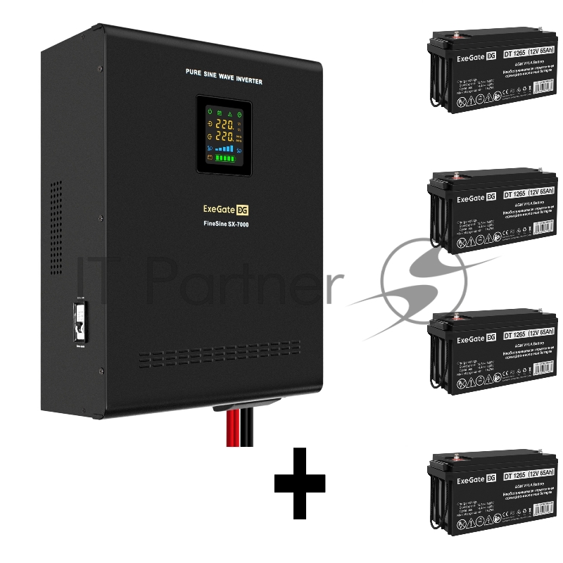 Комплект ИБП EX296005RUS + батарея 65Aч EX282980RUS 4шт (инвертор, синус, для котла, настенный) ExeGate FineSine SX-7000.LCD.AVR.2SH.T <7000VA/5000W, чистая синусоида, цветной LCD-дисплей, AVR, 2*Schuko+клеммы, линейно-интерактивный, крепление настен
