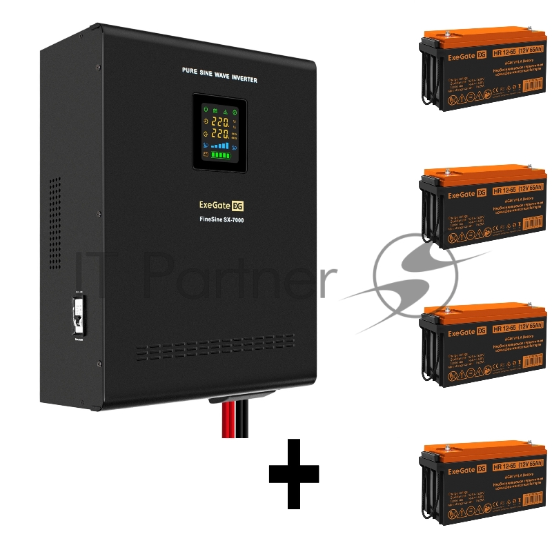 Комплект ИБП EX296005RUS + батарея 65Aч EX282982RUS 4шт (инвертор, синус, для котла, настенный) ExeGate FineSine SX-7000.LCD.AVR.2SH.T <7000VA/5000W, чистая синусоида, цветной LCD-дисплей, AVR, 2*Schuko+клеммы, линейно-интерактивный, крепление настен