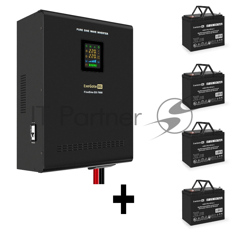 Комплект ИБП EX296005RUS + батарея 75Aч EX282983RUS 4шт (инвертор, синус, для котла, настенный) ExeGate FineSine SX-7000.LCD.AVR.2SH.T <7000VA/5000W, чистая синусоида, цветной LCD-дисплей, AVR, 2*Schuko+клеммы, линейно-интерактивный, крепление настен