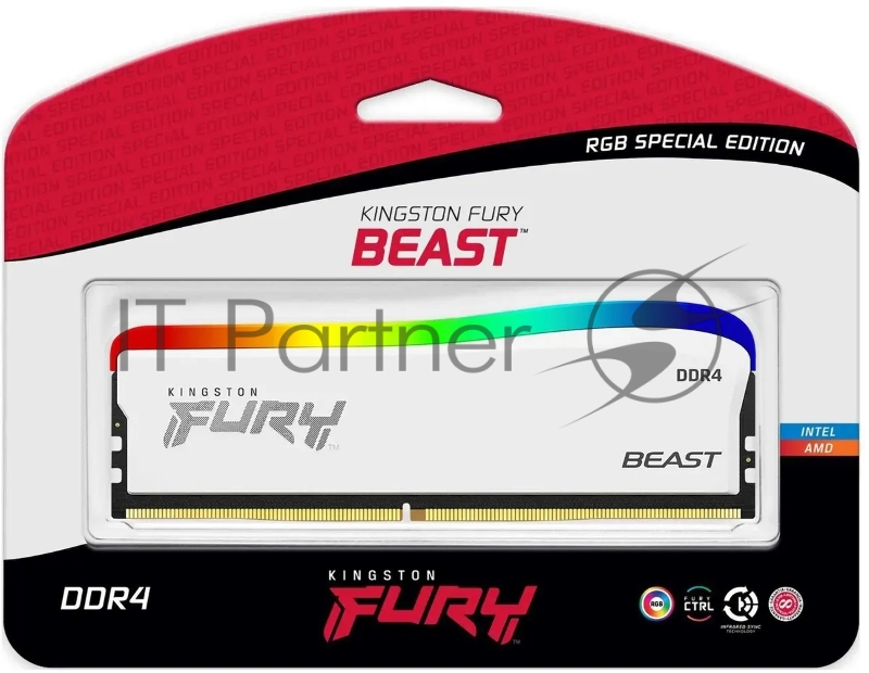 Оперативная память Kingston 16GB 3600MT/s DDR4 CL18 DIMM FURY Beast White RGB SE, EAN: 740617330342