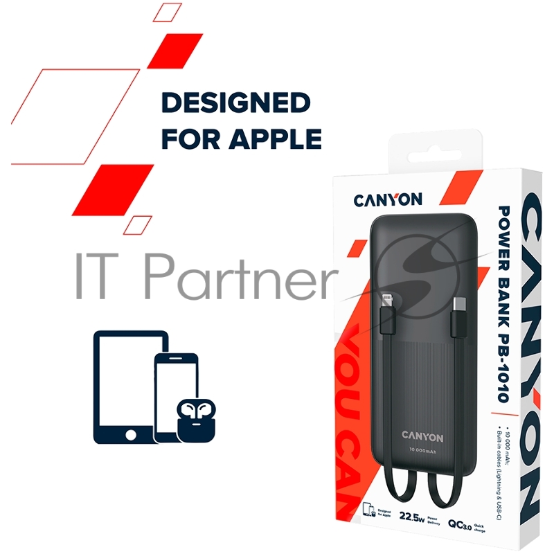 Мобильный аккумулятор CANYON PB-1010, Power bank 10000mAh Li-pol battery with 2pcs Build-in Cable, Input: TYPE-C: 5V3A/9V2A 18WMicro USB: 5V2A/9V2A 18W Output: TYPE-C: 5V3A/9V2.2A 20WUSB-A: 4.5V5A ,5V4.5A, 5V3A,9V2A ,12V1.5A 22.5WTYPE-C cab
