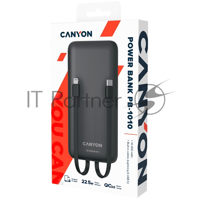 Мобильный аккумулятор CANYON PB-1010, Power bank 10000mAh Li-pol battery with 2pcs Build-in Cable, Input: TYPE-C: 5V3A/9V2A 18WMicro USB: 5V2A/9V2A 18W Output: TYPE-C: 5V3A/9V2.2A 20WUSB-A: 4.5V5A ,5V4.5A, 5V3A,9V2A ,12V1.5A 22.5WTYPE-C cab