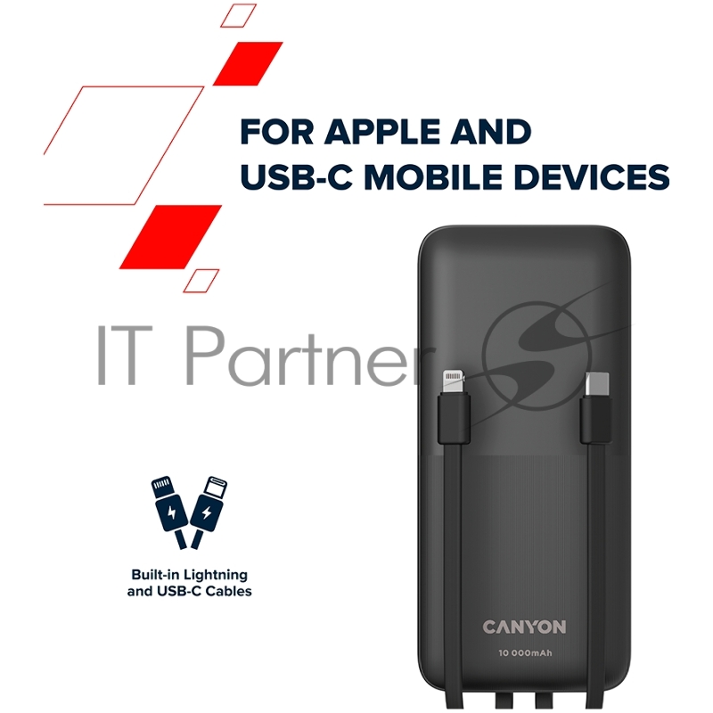 Мобильный аккумулятор CANYON PB-1010, Power bank 10000mAh Li-pol battery with 2pcs Build-in Cable, Input: TYPE-C: 5V3A/9V2A 18WMicro USB: 5V2A/9V2A 18W Output: TYPE-C: 5V3A/9V2.2A 20WUSB-A: 4.5V5A ,5V4.5A, 5V3A,9V2A ,12V1.5A 22.5WTYPE-C cab