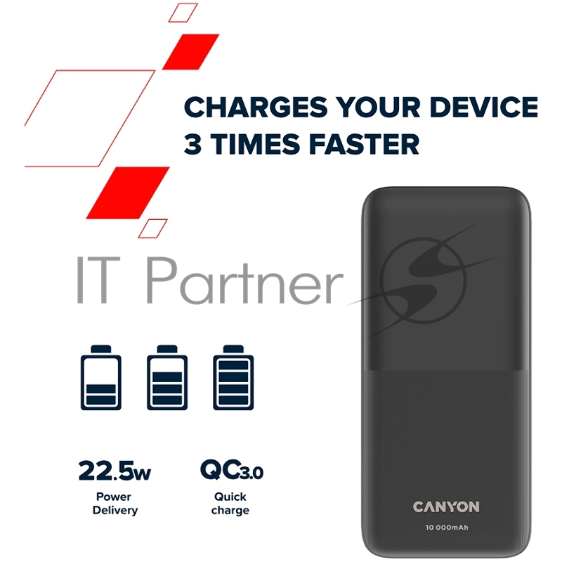 Мобильный аккумулятор CANYON PB-1010, Power bank 10000mAh Li-pol battery with 2pcs Build-in Cable, Input: TYPE-C: 5V3A/9V2A 18WMicro USB: 5V2A/9V2A 18W Output: TYPE-C: 5V3A/9V2.2A 20WUSB-A: 4.5V5A ,5V4.5A, 5V3A,9V2A ,12V1.5A 22.5WTYPE-C cab
