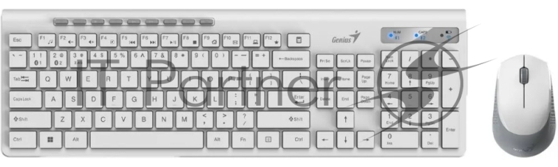 Комплект беспроводной Genius Smart KM-8230 WHITE, клавиатура+мышь, USB, 1 мини-ресивер на оба устройства. Клавиатура: 104 клавиши кнопка SmartGenius, клавиши т