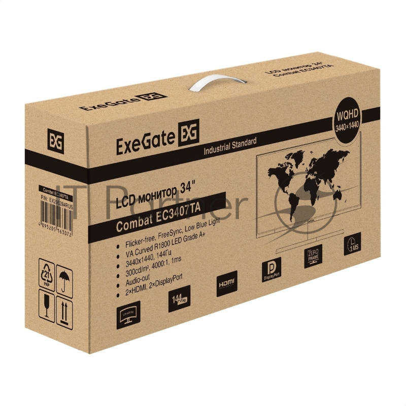 Монитор изогнутый игровой 144 Гц 34 ExeGate Combat EC3407TA (VA Curved R1800 LED Grade A+, UltraWide QHD 3440x1440@144Гц, 300cd/m2, 3000:1, 178°/178°, 1ms, 2xHDMI, 2xDisplayPort, аудио-выход, Flicker-free, FreeSync, Low Blue Light, кабель DP 1.5м, VE
