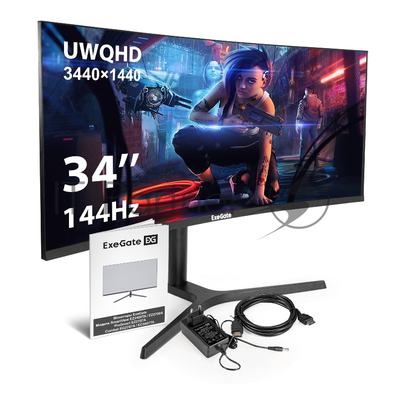 Монитор изогнутый игровой 144 Гц 34 ExeGate Combat EC3407TA (VA Curved R1800 LED Grade A+, UltraWide QHD 3440x1440@144Гц, 300cd/m2, 3000:1, 178°/178°, 1ms, 2xHDMI, 2xDisplayPort, аудио-выход, Flicker-free, FreeSync, Low Blue Light, кабель DP 1.5м, VE