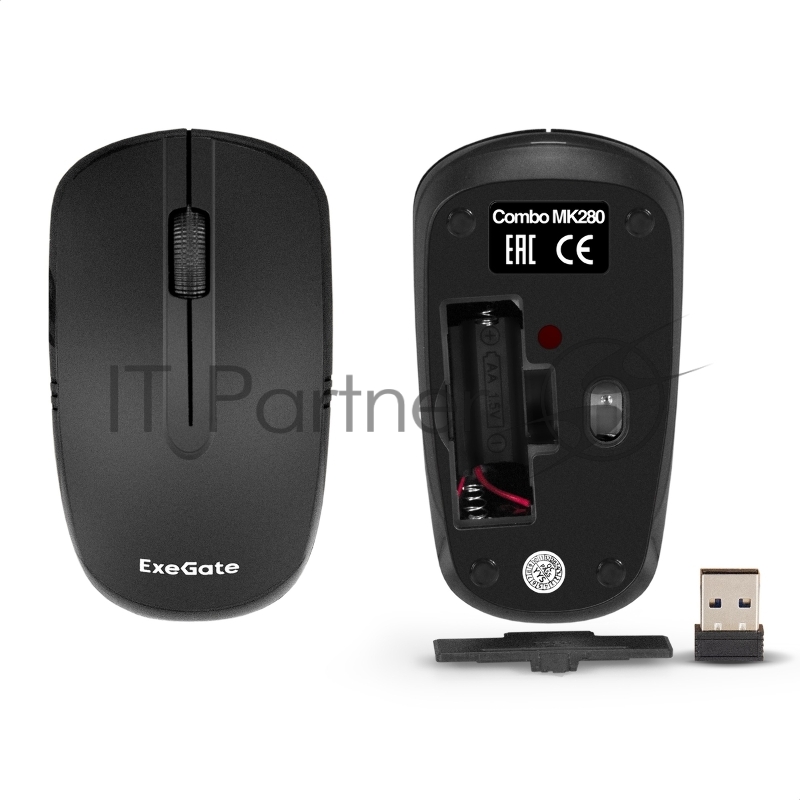 Комплект беспроводной ExeGate Professional Standard Combo MK280 (клавиатура полноразмерная влагозащищенная 104кл. + мышь оптическая 1000dpi, 3 кнопки и колесо прокрутки USB, радиоканал 2,4 ГГц, радиус действия до 10м, черный, Color Box)