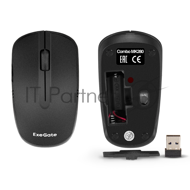 Комплект беспроводной ExeGate Professional Standard Combo MK280 (клавиатура полноразмерная влагозащищенная 104кл. + мышь оптическая 1000dpi, 3 кнопки и колесо прокрутки USB, радиоканал 2,4 ГГц, радиус действия до 10м, черный, Color Box)