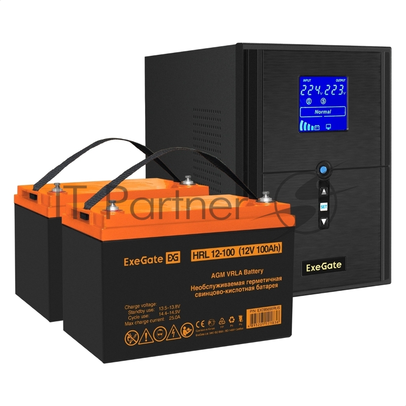 Комплект ИБП EX295989RUS + батарея 100Aч EX285656RUS 2шт (инвертор, синус, для котла) ExeGate SineTower SZ-2000.LCD.AVR.3SH.1C13.USB <2000VA/1600W, чистый синусоида, LCD дисплей, AVR, 3*Schuko+1*C13, USB, линейно-интерактивный, Black> + батарея ExeGa