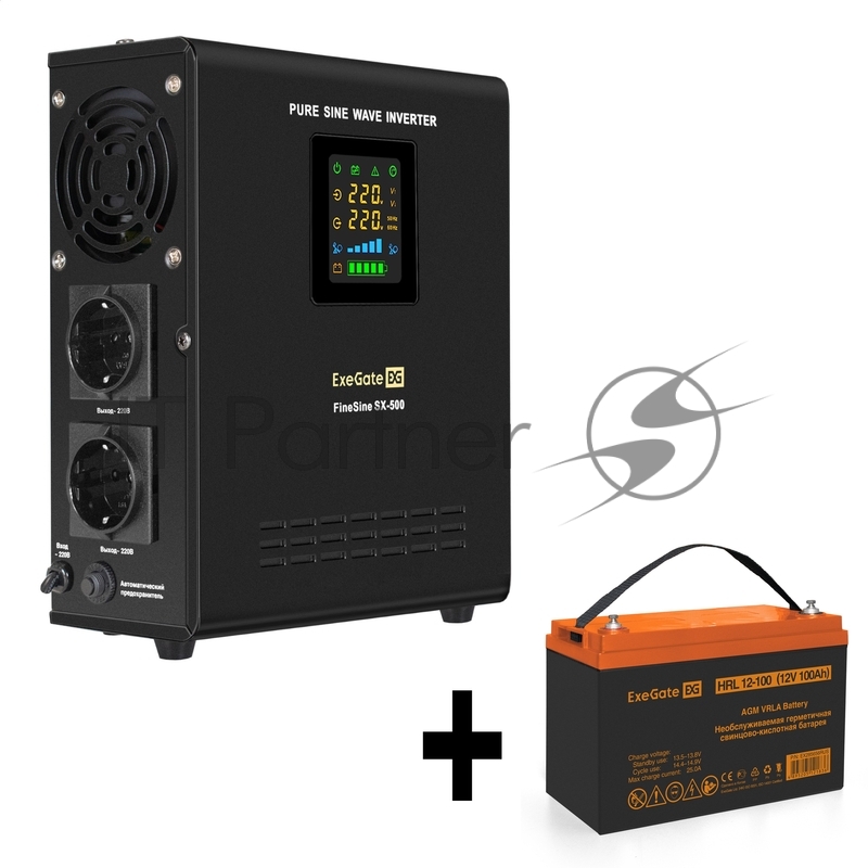 Комплект ИБП EX295995RUS + батарея 100Aч EX285656RUS 1шт (инвертор, синус, для котла, настенный) ExeGate FineSine SX-500.LCD.AVR.2SH <500VA/300W, чистая синусоида, цветной LCD-дисплей, AVR, 2*Schuko, линейно-интерактивный, крепление настенное/универс