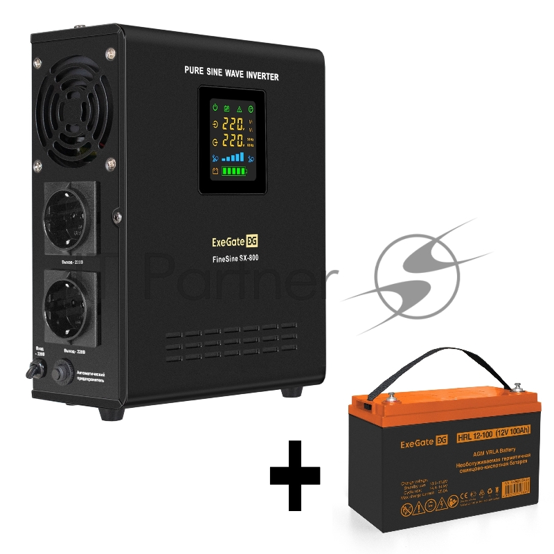 Комплект ИБП EX295996RUS + батарея 100Aч EX285656RUS 1шт (инвертор, синус, для котла, настенный) ExeGate FineSine SX-800.LCD.AVR.2SH <800VA/500W, чистая синусоида, цветной LCD-дисплей, AVR, 2*Schuko, линейно-интерактивный, крепление настенное/универс