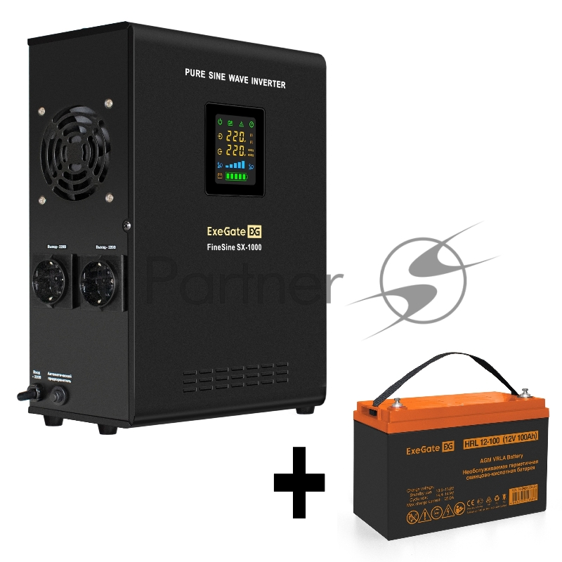 Комплект ИБП EX295997RUS + батарея 100Aч EX285656RUS 1шт (инвертор, синус, для котла, настенный) ExeGate FineSine SX-1000.LCD.AVR.2SH <1000VA/600W, чистая синусоида, цветной LCD-дисплей, AVR, 2*Schuko, линейно-интерактивный, крепление настенное/униве