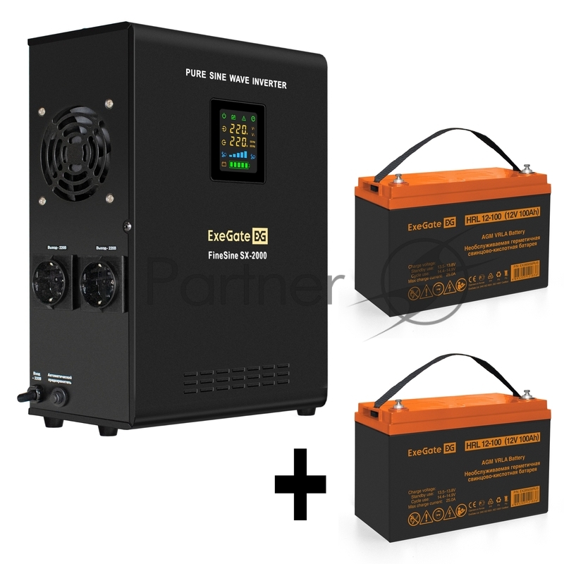 Комплект ИБП EX296001RUS + батарея 100Aч EX285656RUS 2шт (инвертор, синус, для котла, настенный) ExeGate FineSine SX-2000.LCD.AVR.2SH <2000VA/1400W, чистая синусоида, цветной LCD-дисплей, AVR, 2*Schuko, линейно-интерактивный, крепление настенное/унив