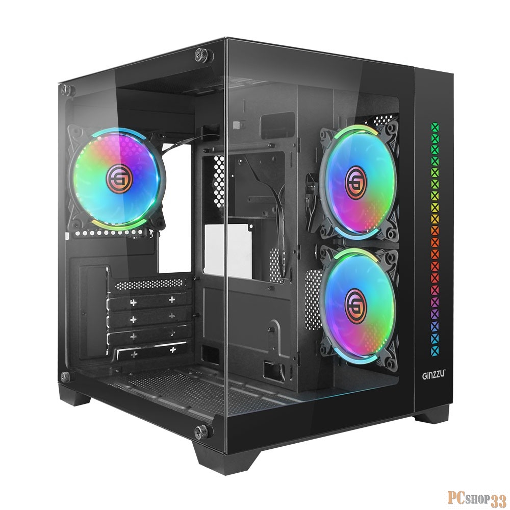 Корпус Ginzzu V390 RGB подсветка, контроллер CRC6, 3* 12R6 FAN 12CM RGB закаленное стекло 1*USB 3.0,1*USB 2.0, AU mATX